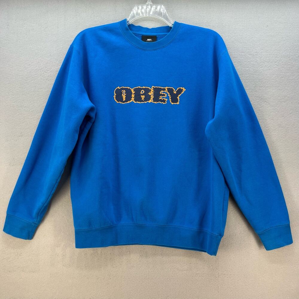 Obey Worldwide Sweatshirt Men's L Blue Orange Crew Neck Long Sleeve Skater - Picture 1 of 9